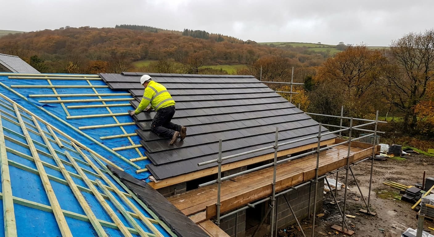 MGC re-roofing work in progress — scaffolding, breathable membrane and part-laid slate tiles