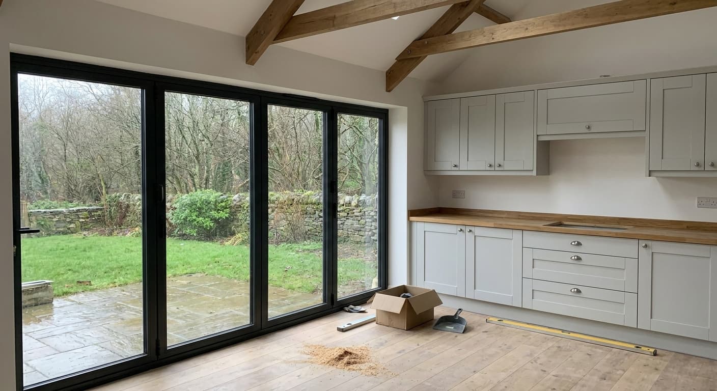 A finished kitchen-diner extension in a West Wales home with bi-fold doors and exposed timber beams.
