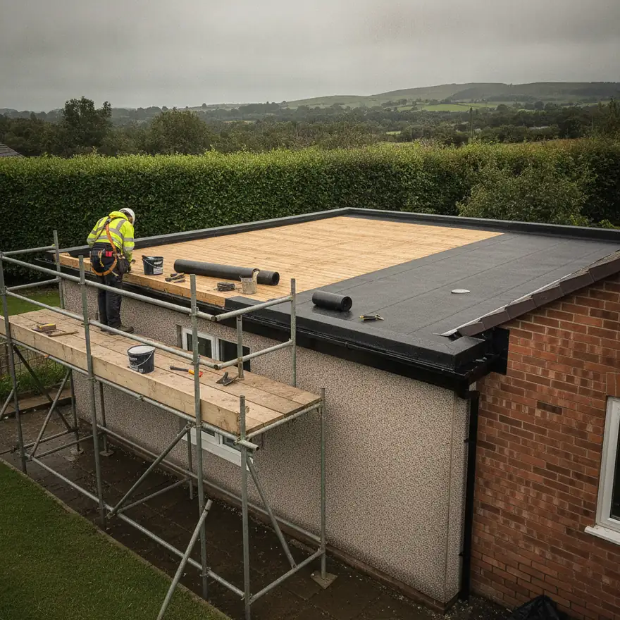 Operative in hi-vis renewing an EPDM flat roof on a pebbledash bungalow extension in West Wales, timber deck exposed on the half still to be covered, boarded scaffolding and Welsh hills behind.