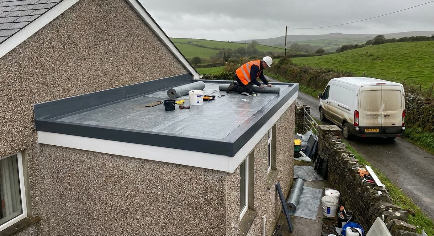Flat roof renewal on a Welsh bungalow with a roofer laying EPDM membrane
