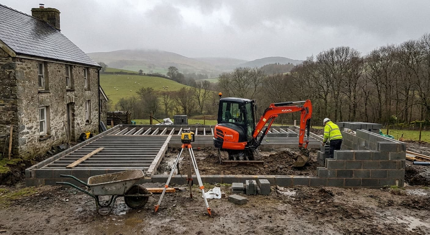 A real West Wales construction site with foundations, blockwork and an excavator in progress.