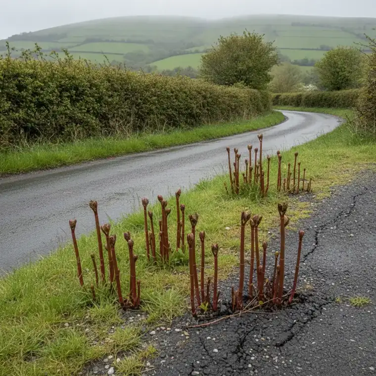 Japanese knotweed shoots in spring — purple-tipped spears emerging through tarmac.