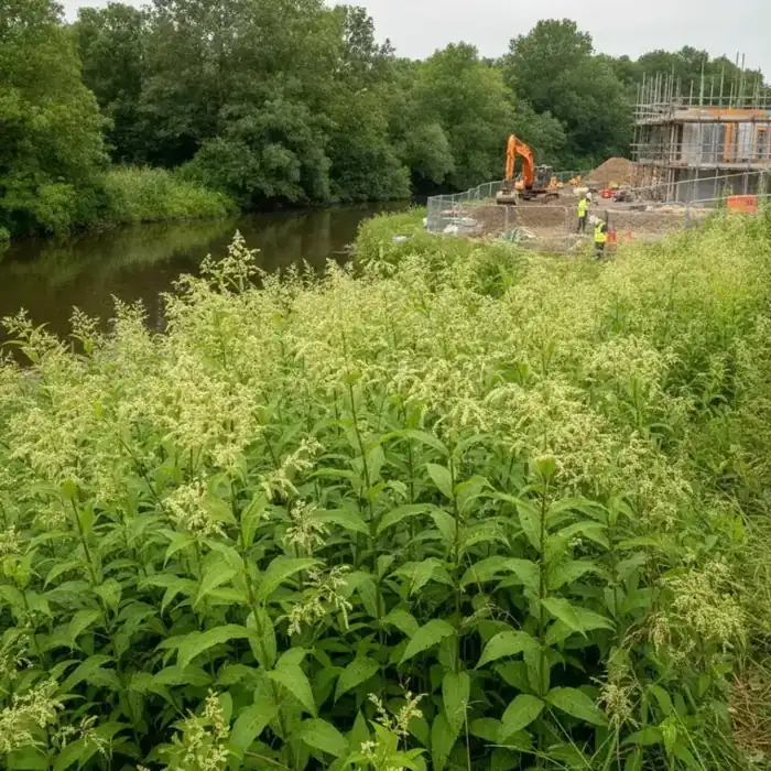 Mature Japanese knotweed in summer — hollow zigzag canes, shield-shaped leaves and creamy flower spikes.