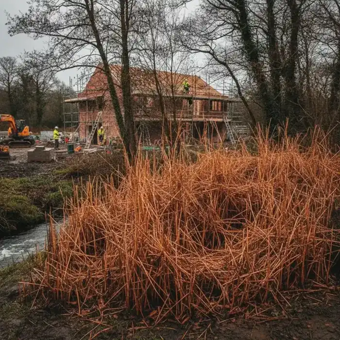 Dead Japanese knotweed canes in winter — brittle, hollow and orange-brown.