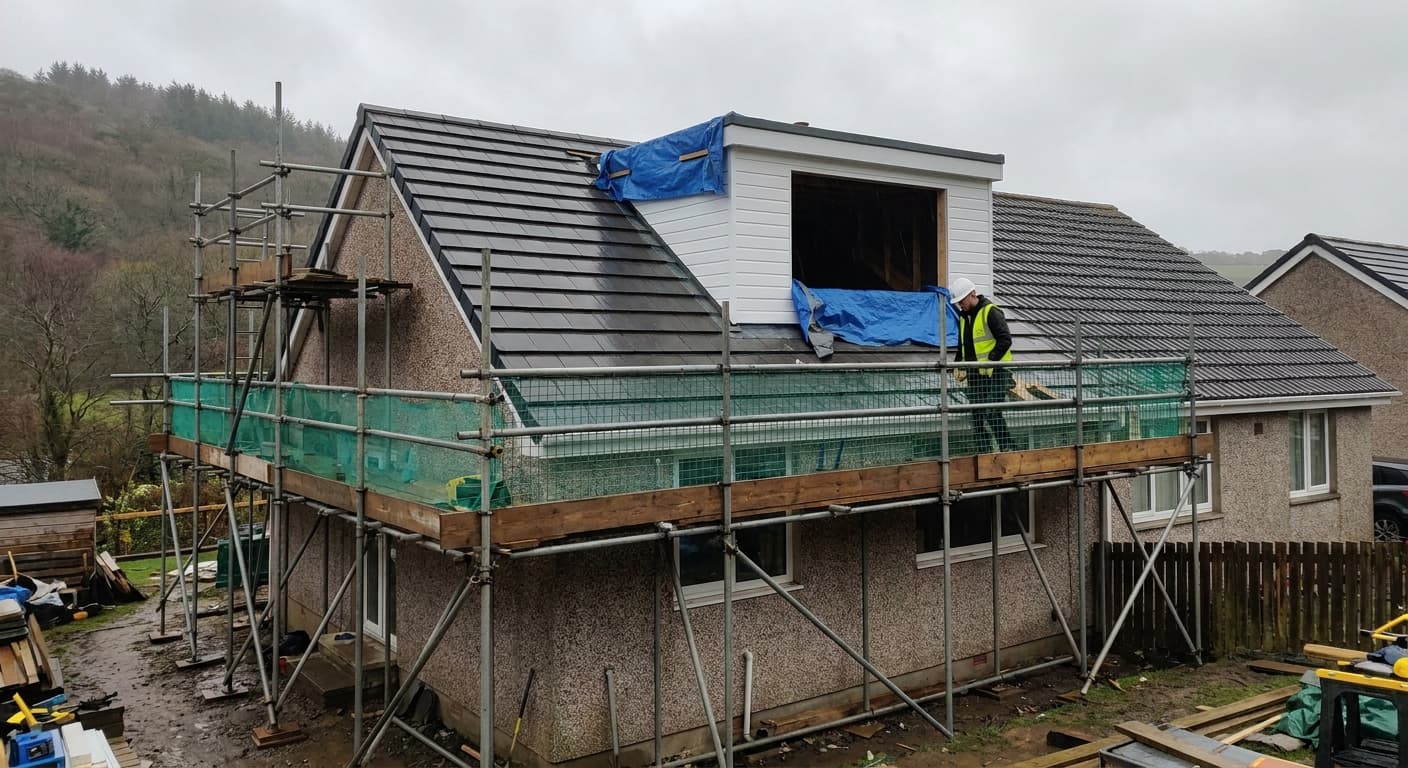 Dormer loft conversion in progress on a Welsh house with scaffolding