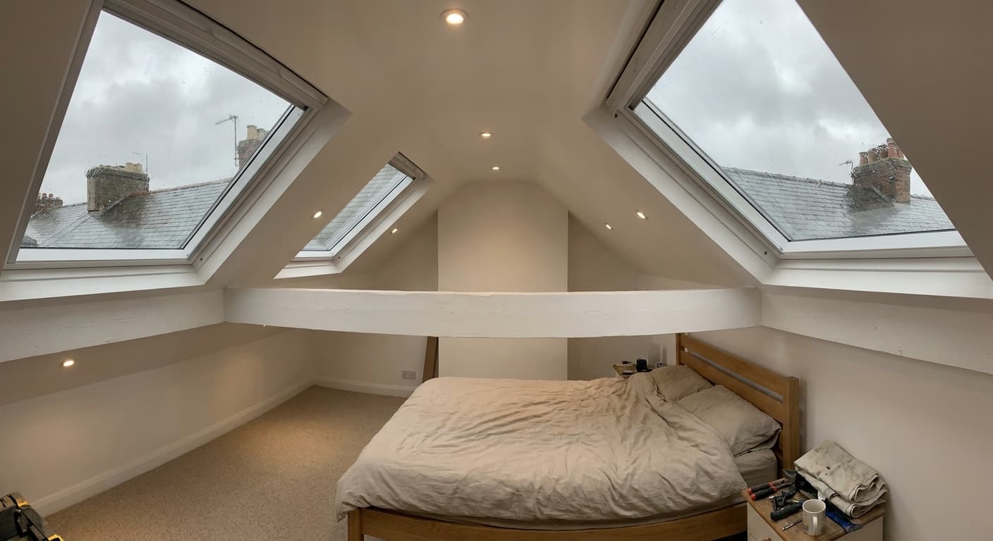 Completed interior conversion — a long barrel-vaulted room with exposed structural ribs and glazed doors