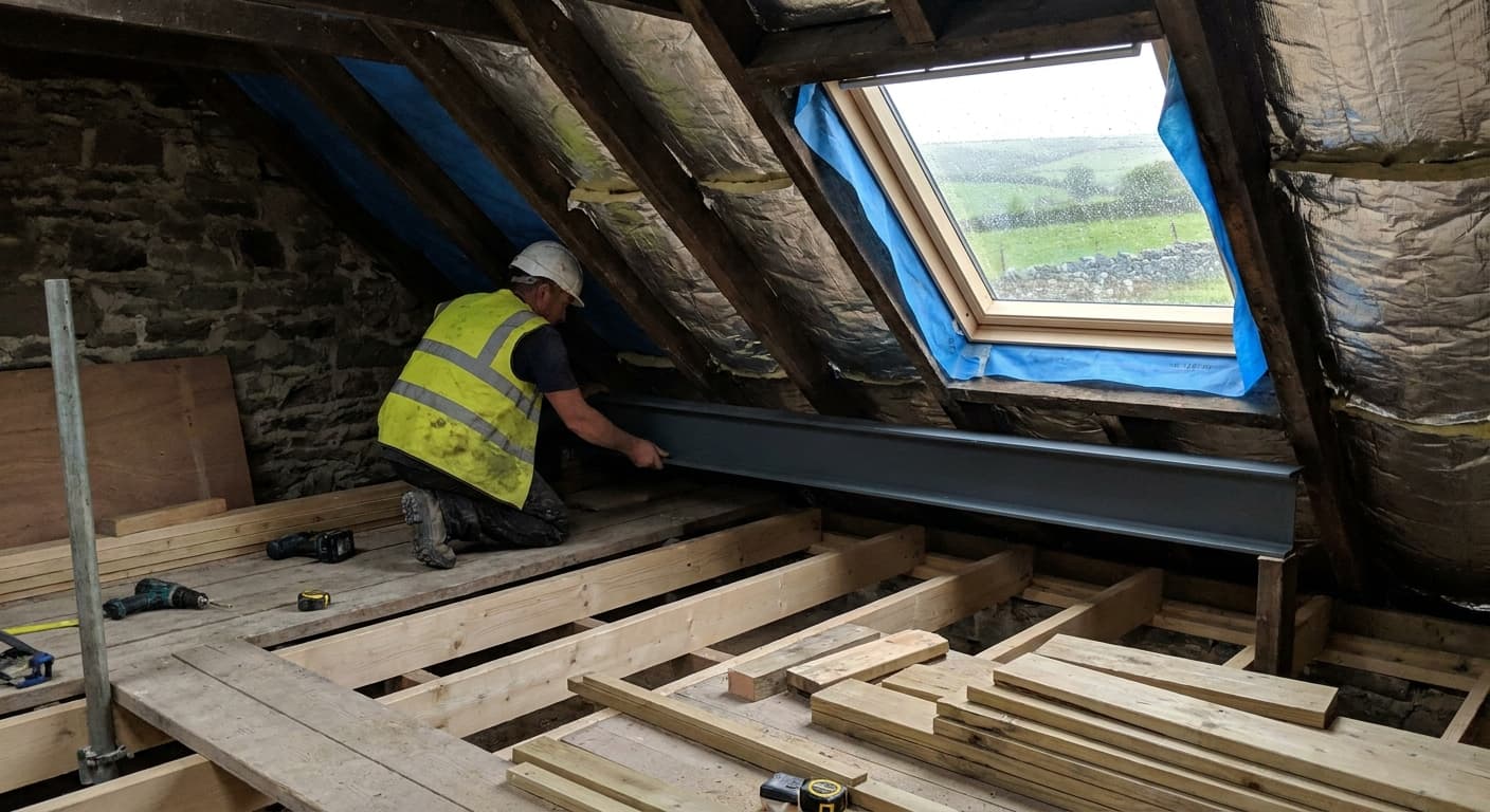 Structural steel beams being installed during a loft conversion