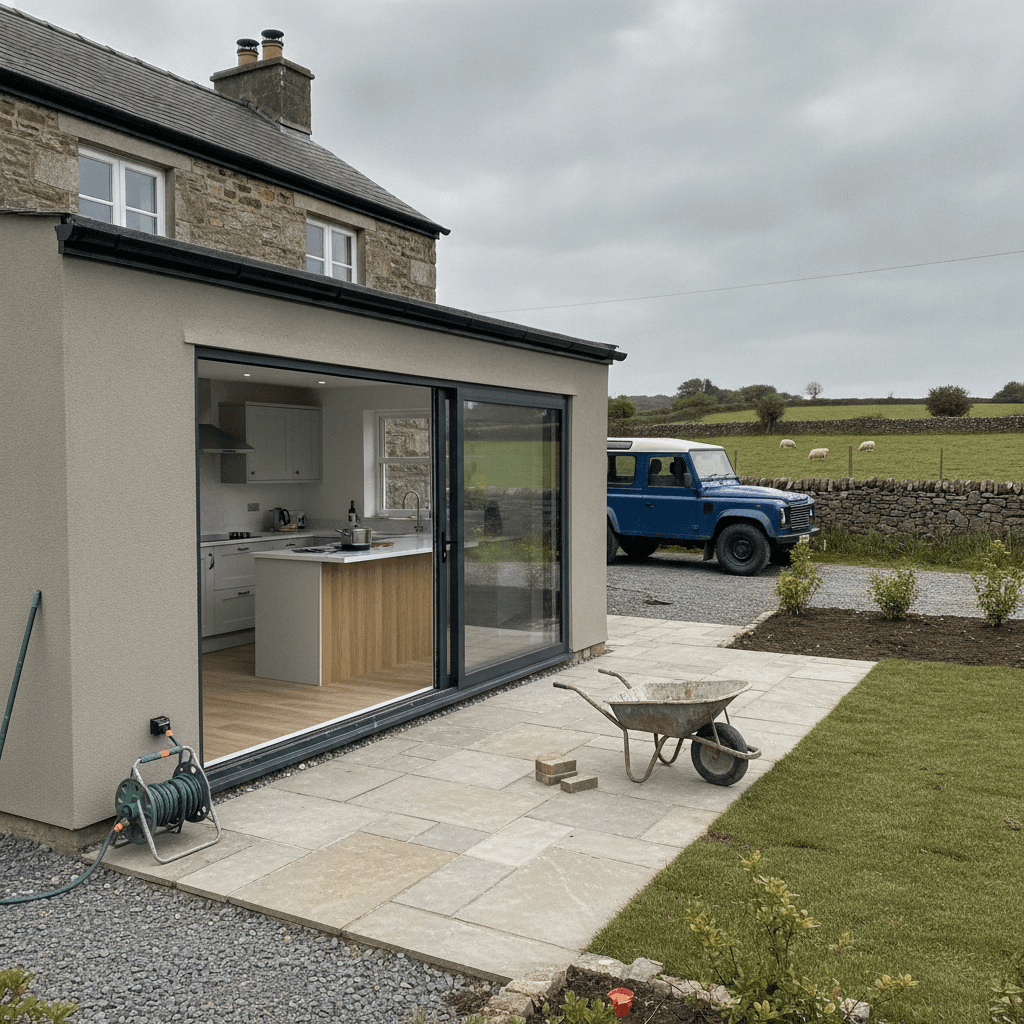 A finished single-storey rear extension in West Wales, with large sliding doors opening onto the garden.