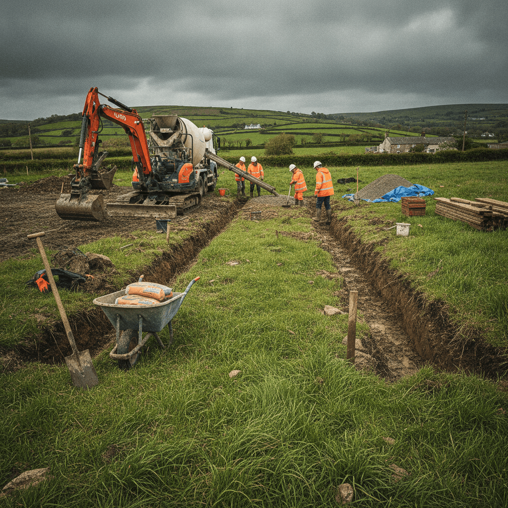 MGC construction site in West Wales — excavator preparing foundations for a new build extension