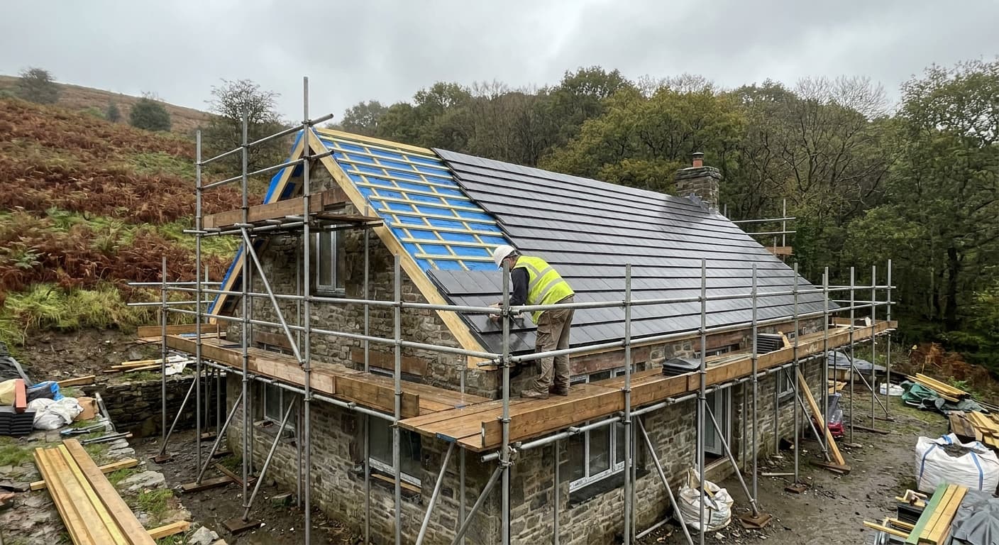 Re-roofing in progress on a rural Welsh cottage with scaffolding and a roofer in hi-vis and hard hat