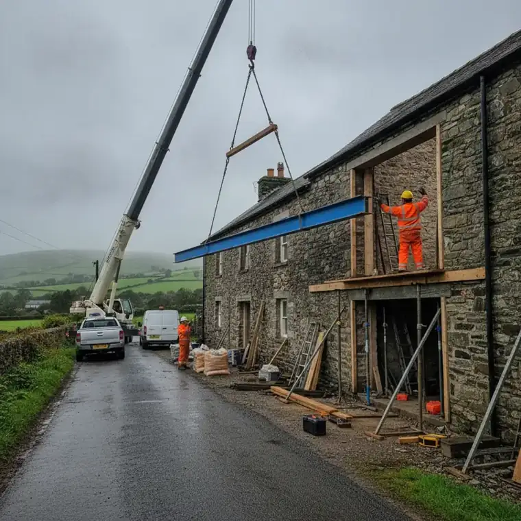 Steel RSJ beam being lifted into place during a West Wales extension