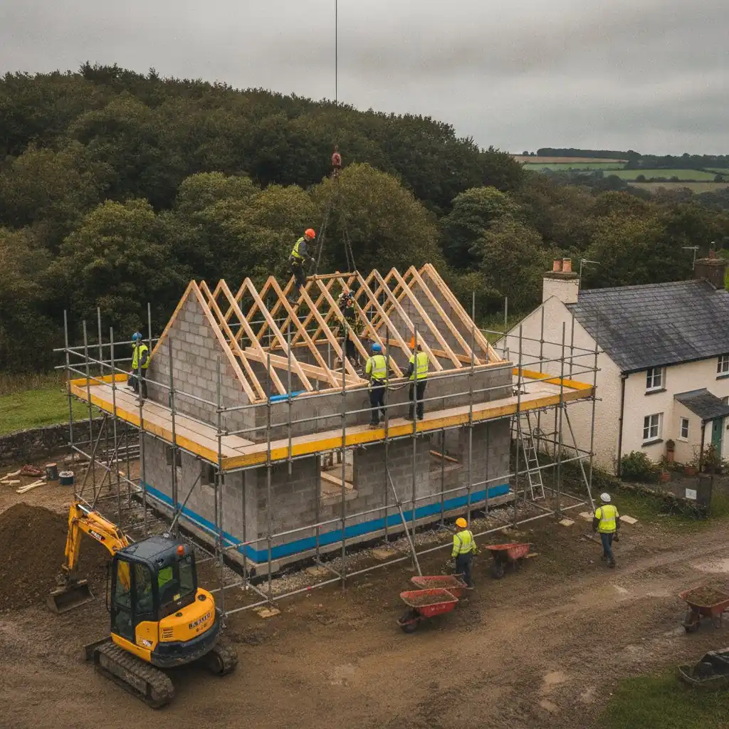 New-build house under construction in Ceredigion, West Wales — blockwork shell with roof structure going on.