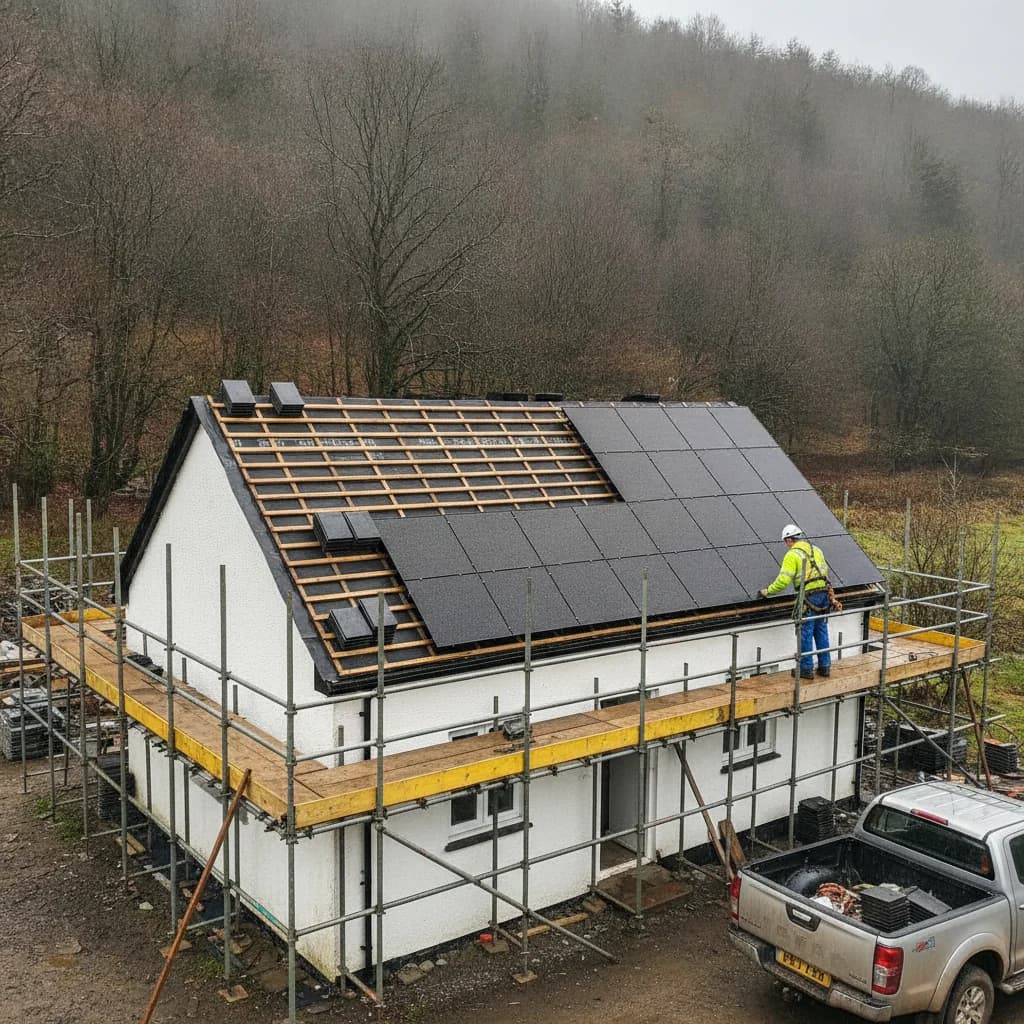 MGC installer fitting an in-roof solar array on a Welsh cottage
