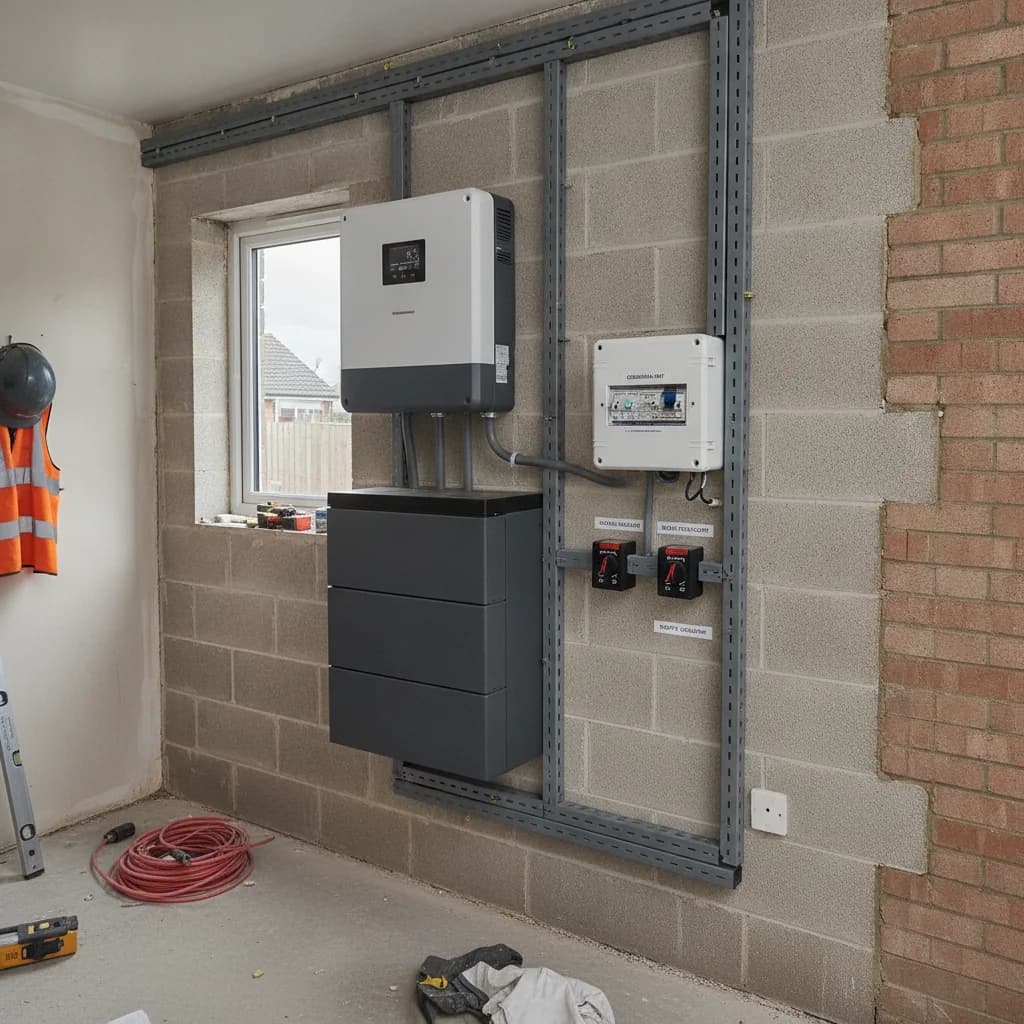 Hybrid solar inverter and battery storage unit installed in a UK utility room