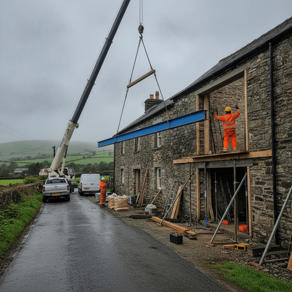 Steel beam being craned into place on a West Wales farmhouse extension