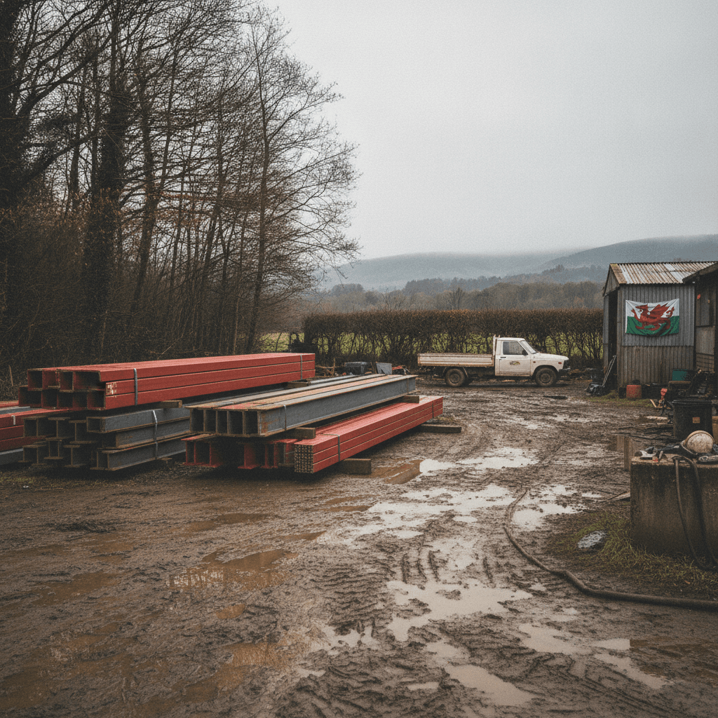 Painted and galvanised steel beams stacked in a Welsh fabrication yard