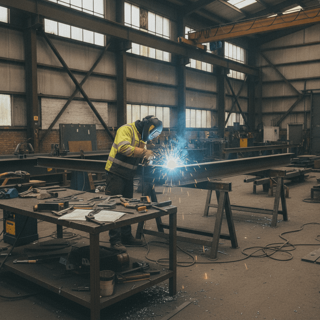 Coded welder working on a steel beam in a fabrication workshop