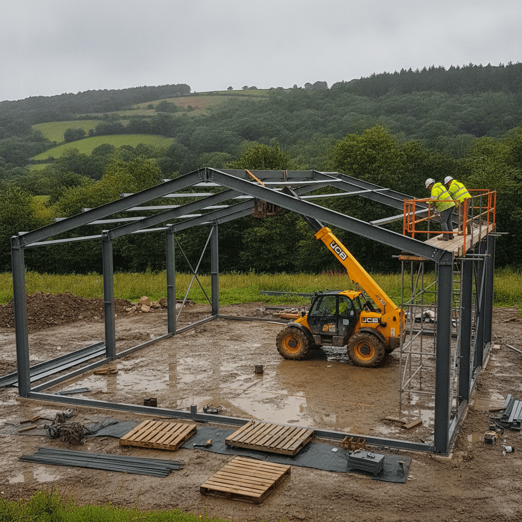 Steel frame building under erection on a rural West Wales site