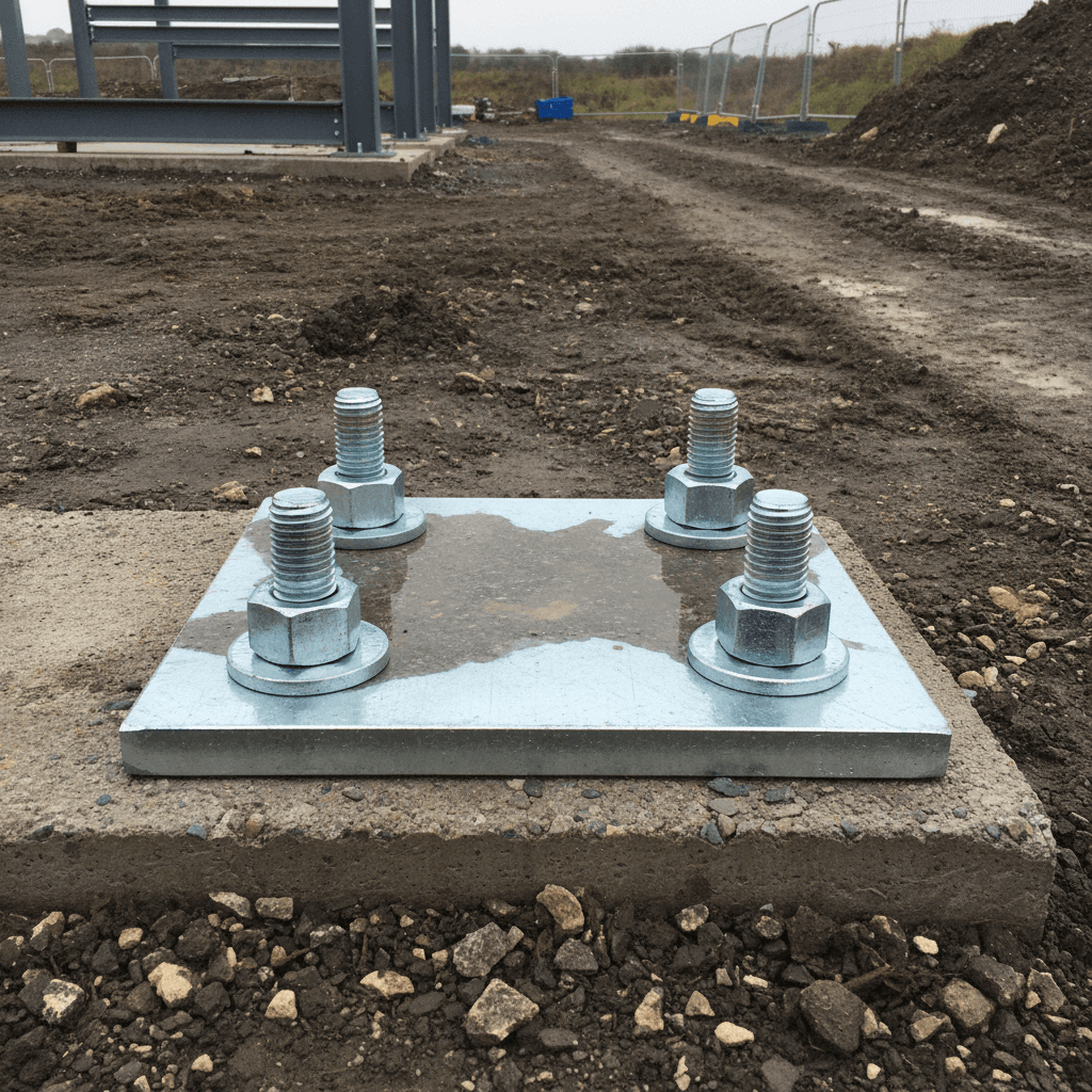 Close-up of a galvanised steel base plate bolted to concrete